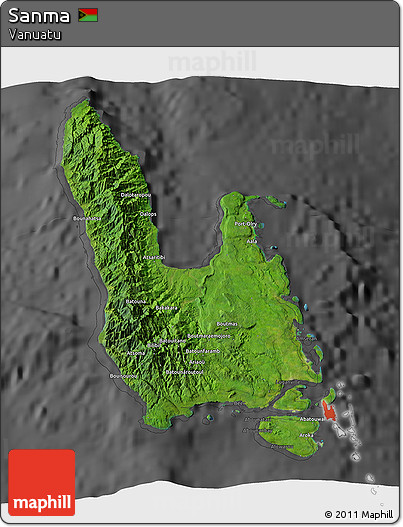 Satellite 3D Map of Sanma, darken, desaturated