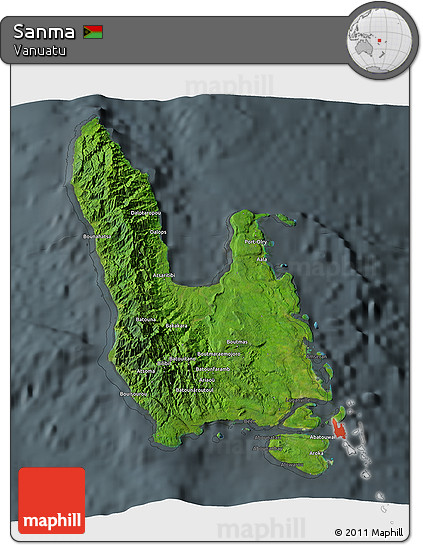 Satellite 3D Map of Sanma, darken, semi-desaturated
