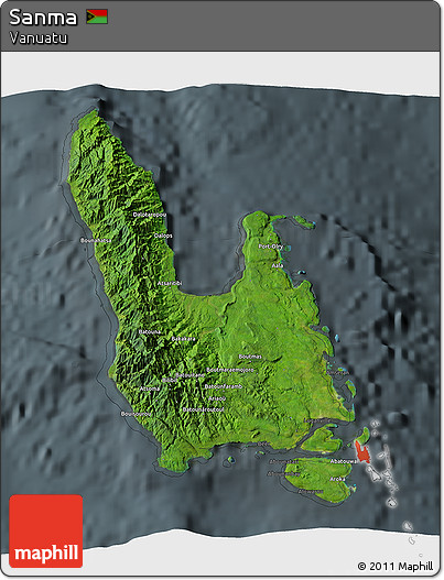 Satellite 3D Map of Sanma, darken, semi-desaturated