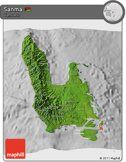 Satellite 3D Map of Sanma, lighten, desaturated