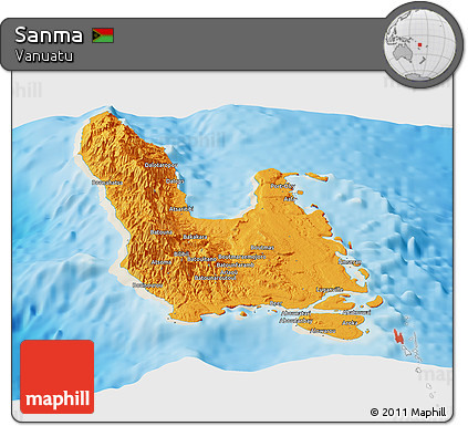 Political Panoramic Map of Sanma, shaded relief outside