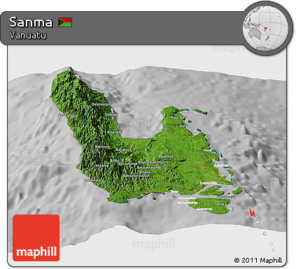Satellite Panoramic Map of Sanma, lighten, desaturated