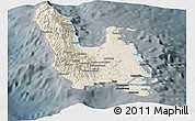 Shaded Relief Panoramic Map of Sanma, darken, semi-desaturated