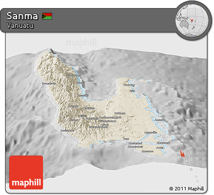 Shaded Relief Panoramic Map of Sanma, desaturated