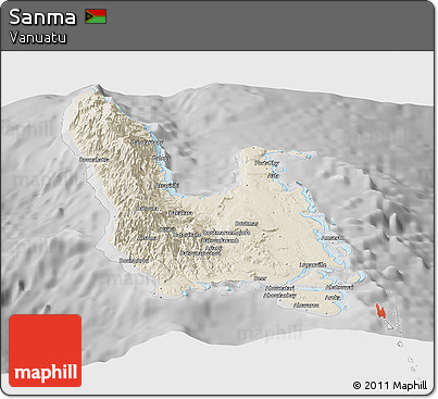 Shaded Relief Panoramic Map of Sanma, desaturated