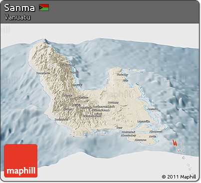 Shaded Relief Panoramic Map of Sanma, semi-desaturated