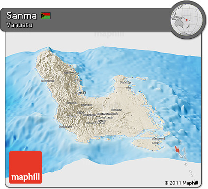Shaded Relief Panoramic Map of Sanma, single color outside