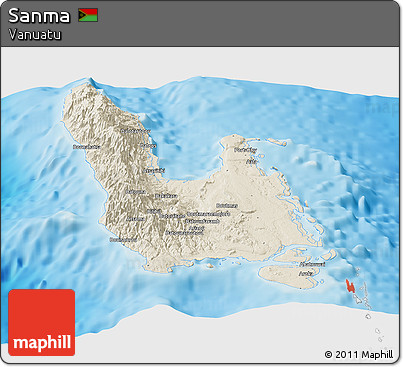 Shaded Relief Panoramic Map of Sanma, single color outside