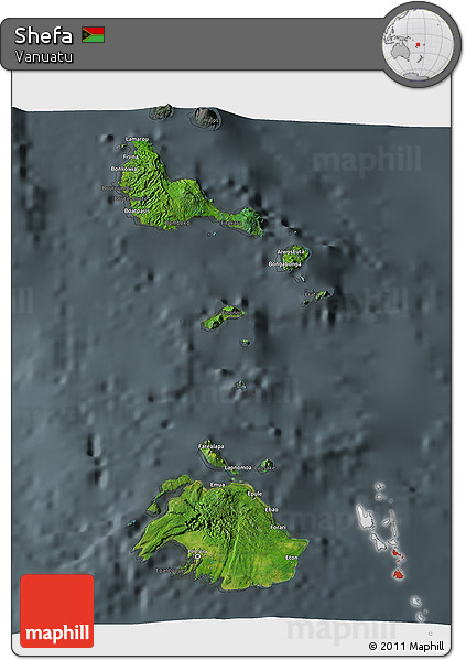 Satellite 3D Map of Shefa, darken, semi-desaturated