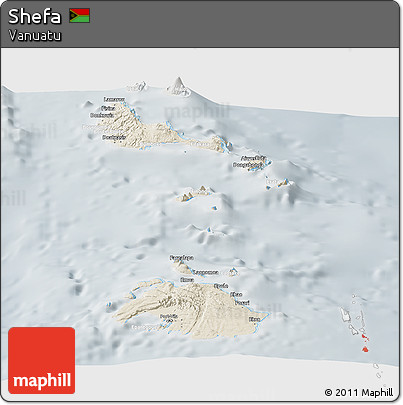 Shaded Relief Panoramic Map of Shefa, lighten, semi-desaturated