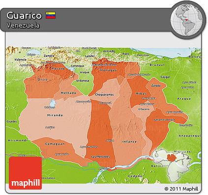 Political Shades 3D Map of Guarico, physical outside