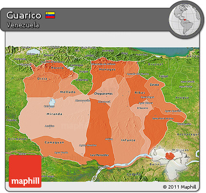 Political Shades 3D Map of Guarico, satellite outside