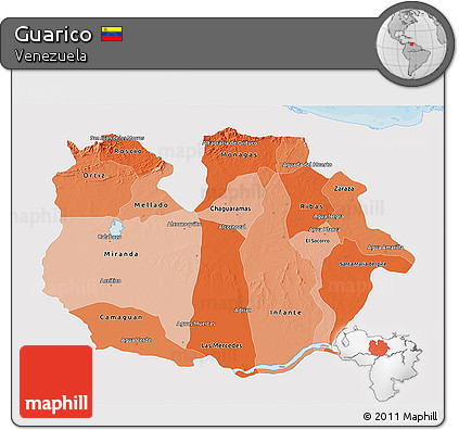 Political Shades 3D Map of Guarico, single color outside