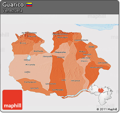 Political Shades 3D Map of Guarico, single color outside