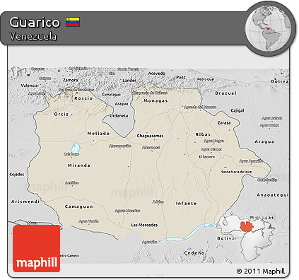 Shaded Relief 3D Map of Guarico, desaturated