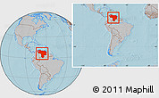 Gray Location Map of Venezuela, within the entire continent, hill shading