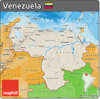 Shaded Relief Map of Venezuela, political shades outside, shaded relief sea