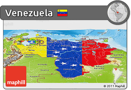 Flag Panoramic Map of Venezuela, physical outside, flag rotated