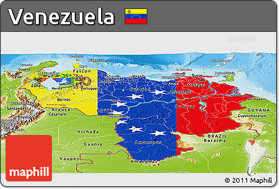 Flag Panoramic Map of Venezuela, physical outside, flag rotated
