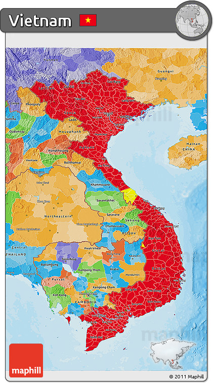 Flag 3D Map of Vietnam, political outside, flag rotated