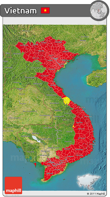 Flag 3D Map of Vietnam, satellite outside, flag rotated
