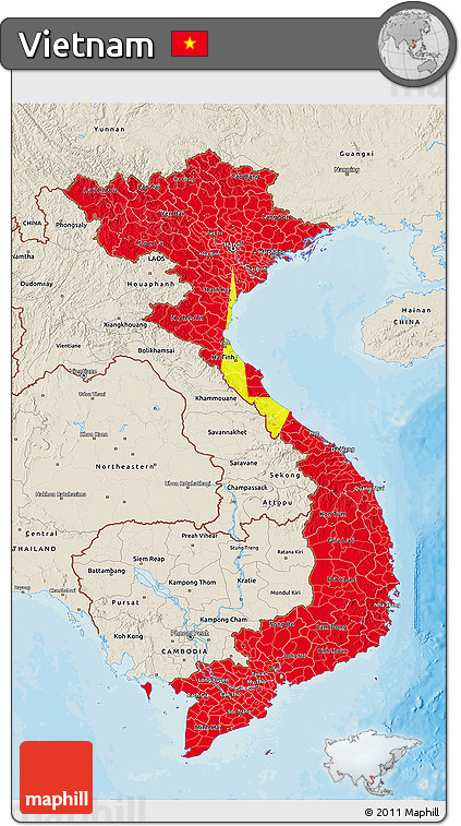 Flag 3D Map of Vietnam, shaded relief outside, bathymetry sea