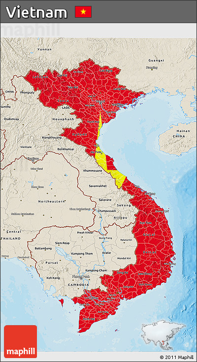 Flag 3D Map of Vietnam, shaded relief outside, bathymetry sea