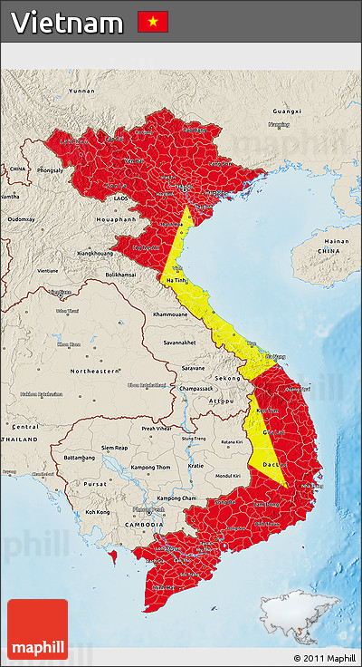 Flag 3D Map of Vietnam, shaded relief outside, flag centered