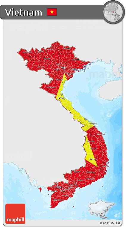 Flag 3D Map of Vietnam, single color outside, bathymetry sea, flag centered