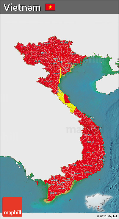 Flag 3D Map of Vietnam, single color outside, satellite sea