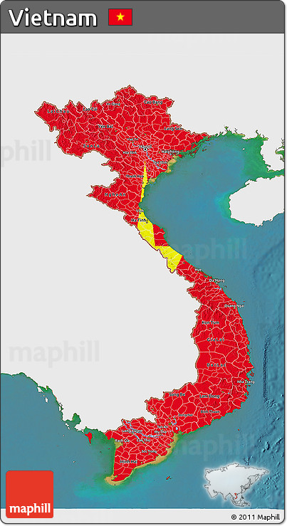 Flag 3D Map of Vietnam, single color outside, satellite sea