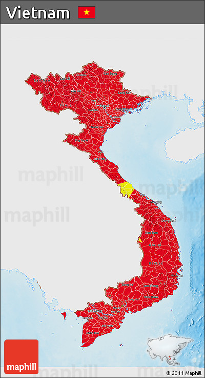 Flag 3D Map of Vietnam, single color outside, shaded relief sea, flag rotated