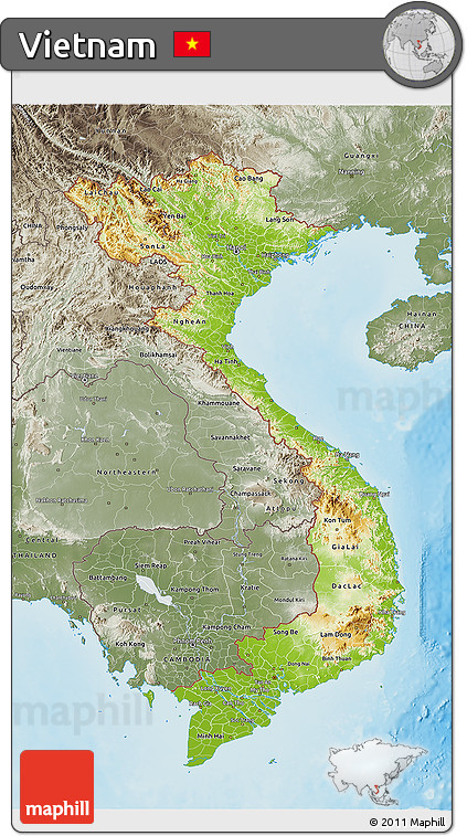 Physical 3D Map of Vietnam, semi-desaturated, land only