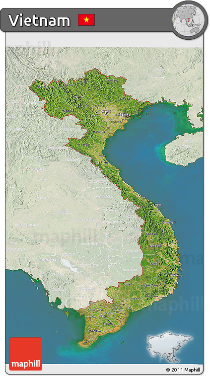 Satellite 3D Map of Vietnam, lighten, land only