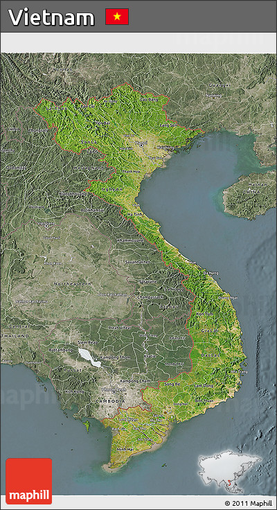 Satellite 3D Map of Vietnam, semi-desaturated