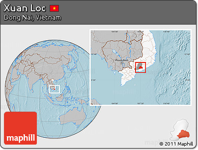 Gray Location Map of Xuan Loc, highlighted country, highlighted parent region, hill shading