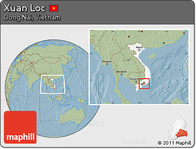Savanna Style Location Map of Xuan Loc, highlighted country, highlighted parent region, within the entire country, hill shading