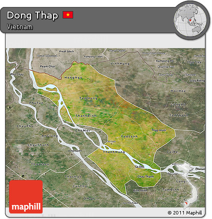 Satellite 3D Map of Dong Thap, semi-desaturated