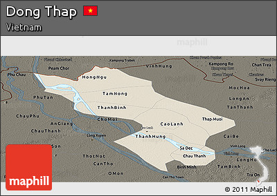 Shaded Relief Panoramic Map of Dong Thap, darken