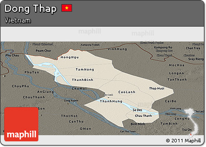 Shaded Relief Panoramic Map of Dong Thap, darken