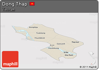Shaded Relief Panoramic Map of Dong Thap, single color outside