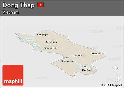 Shaded Relief Panoramic Map of Dong Thap, single color outside