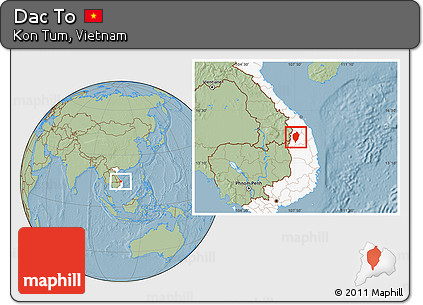 Savanna Style Location Map of Dac To, highlighted country, hill shading