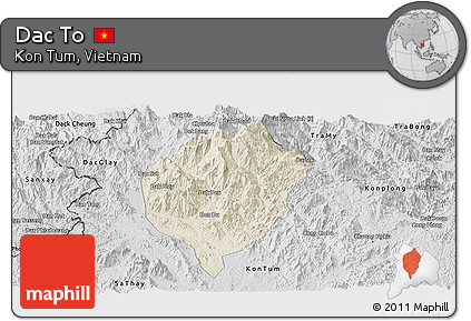 Shaded Relief Panoramic Map of Dac To, desaturated