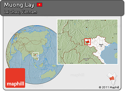 Savanna Style Location Map of Muong Lay, highlighted country, hill shading