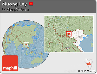 Savanna Style Location Map of Muong Lay, highlighted country, hill shading
