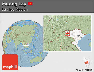Savanna Style Location Map of Muong Lay, highlighted country, hill shading
