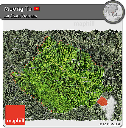 Satellite 3D Map of Muong Te, semi-desaturated
