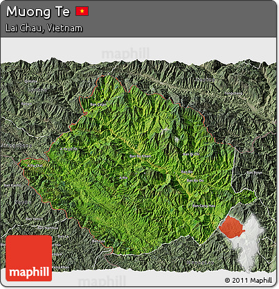 Satellite 3D Map of Muong Te, semi-desaturated