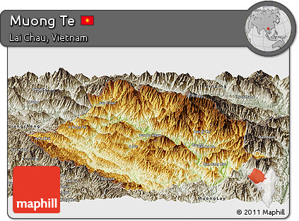 Physical Panoramic Map of Muong Te, semi-desaturated